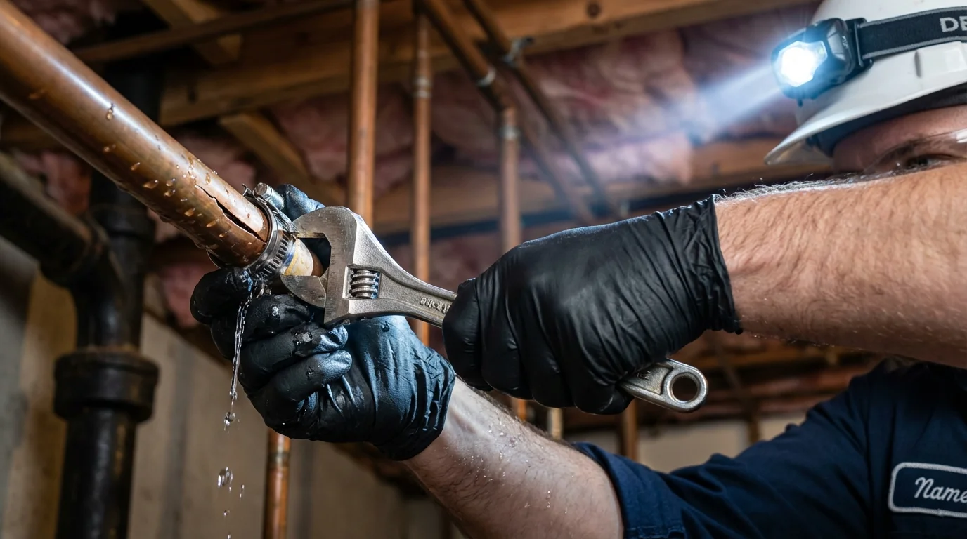 Emergency pipe clamp repair being performed by a Johns Plumbing LLC plumber in Windham