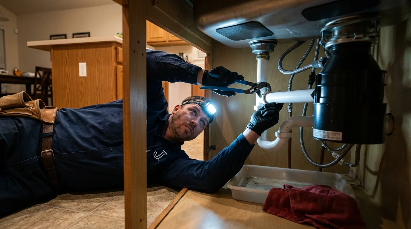 P-trap and supply line connections under a kitchen sink showing a common leak point in Windham, OH